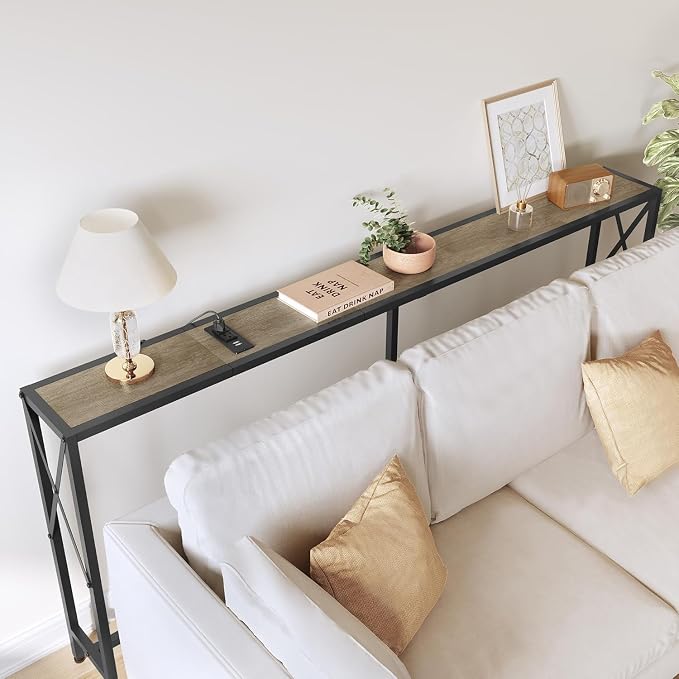 Gewudraw 70" Sofa Tables Narrow Long, Behind Couch Table with Oulets & USB Ports, Industrial Long Skinny Stand for Entryway,Hallway, Living Room, Bedroom 7.9" D x 70" W x 30.3" H