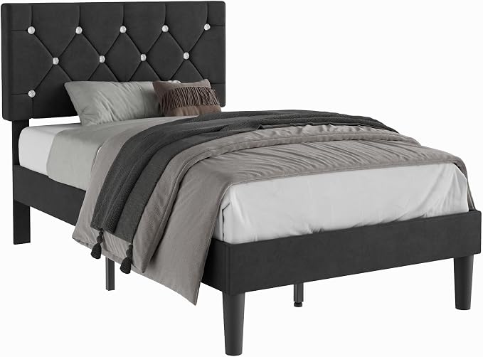 VECELO Twin Size Bed Frame, Upholstered Platform with Adjustable Diamond Tufted Headboard, Wood Slat Support, No Box Spring Needed, Velvet & Black