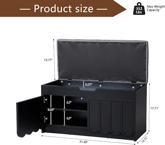 ORRD Shoe Storage Bench with Cushion, Entryway Shoe Cabinet Bench with 2 Scalloped Doors & Adjustable Shelf, 2-Tier Shoe Rack Organizer Cabine for Entryway, Hallway, Living Room (Black)