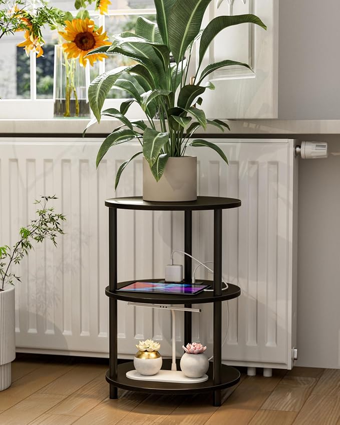 XBurmo Small Round End Table - 3 Tier Design Accent Table, Narrow Side or Bedside Stand, Industrial Vintage Table for Small Spaces, Built-in USB Ports and Power Outlet, Charcoal Wenge