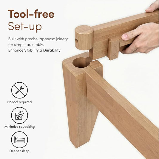 Thor Premium Solid Wood Bed Frame Queen, Japanese Joinery Bed Frame with Wood Slat Support, Platform Bed, No Box Spring Needed, Easy Assembly, Minimalist & Modern Style (Light Oak)