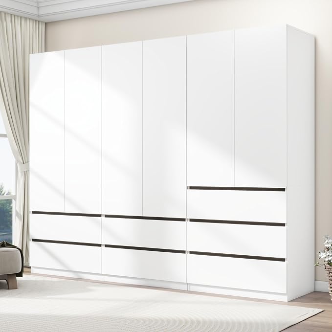 Armoire Wardrobe Closet with Drawers:75" Large White Wardrobe Closet Cabinet with 6 Doors for Hanging Clothes, Modern Wooden Bedroom Armoires with 7 Drawers and Storage (A+B+A, 94.5")