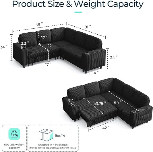 LINSY HOME Sectional Sleeper Sofa Pull Out Couches for Living Room (Black, Sleeper Sofa 2) | Pull Out Sofa Bed, Storage, USB Charging, Cup Holders, Plush Corduroy