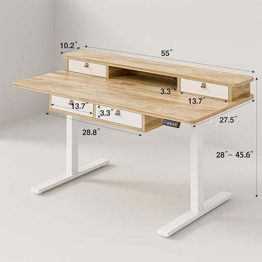 Grandder Electric Standing Desk with Four Drawers, Sit to Stand Up Height Adjustable Desk with Storage Shelf for Home Office, 55 * 24 Inch, Study, Ergonomic Adjustable Computer Desk, Oak