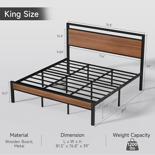 Z-hom King Metal Bed Frame with Wooden Headboard and Footboard, Heavy Duty Platform Frame with Metal Slats, No Box Spring Needed, Quiet and Non-Slip Design, Space Saving Bed Frame for Bedroom,Walnut