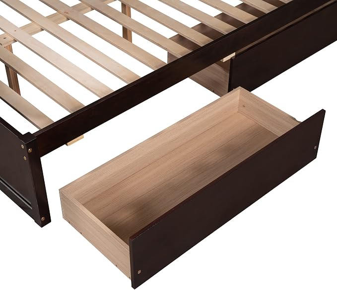 Merax Twin Over Full Bunk Bed, Wood Bunk Bed with Removable Ladders and Two Storage Drawers, Convertible into Two Individual Beds (Espresso)