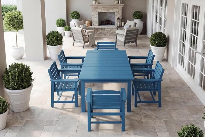 Perli™ 7-Piece Outdoor Dining Set, All-Weather HDPE Patio Furniture with 6 Ergonomic Chairs & Large Table, Built-in Umbrella Hole, UV-Resistant Set for Backyard, Deck, Poolside, Blue