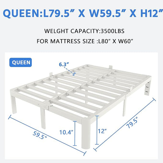 White Bed Frame Queen Size 12 Inch, Metal Queen Bed Frame No Box Spring Needed, Heavy Duty Steel Support 3500 LBS, DIY Headboard, Noiseless, Round Corner Legs, Storage Space, Easy Assembly