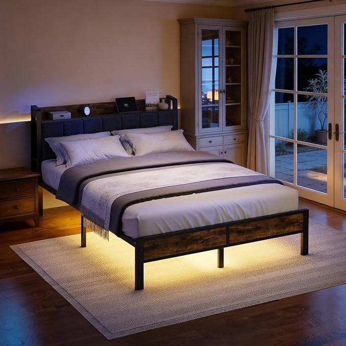 Liians Queen Size Bed Frame with Wood Headboard, Metal Platform Bed with USB Charging Station and Smart LED Lights, No Box Spring Needed, Easy Assembly