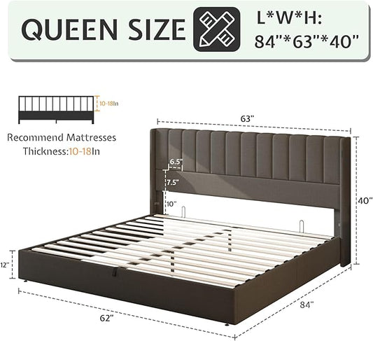 Jocisland Queen Size Lift Up Storage Bed Frame, Linen Upholstered Platform Bed with Vertical Channel Tufted Headboard and Wingback, No Box Spring Needed, Wood Slats Support, Dark Gray