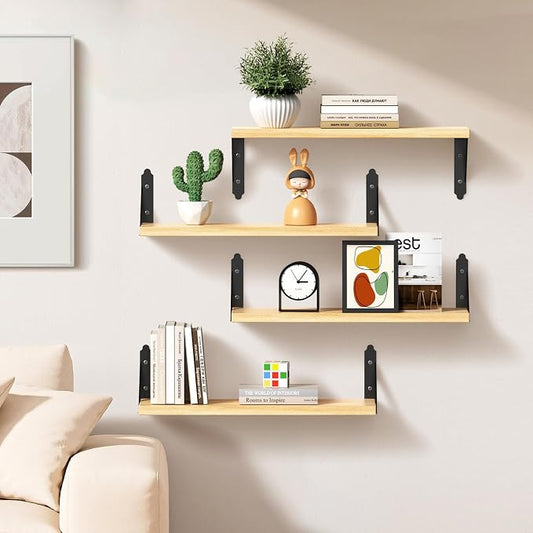 ROMGUAR CRAFT Wood Floating Shelves Set of 4, Rustic Storage Decor Wall Shelves, Wall Mounted Shelf for Living Room, Bedroom 17" x 6", Natural