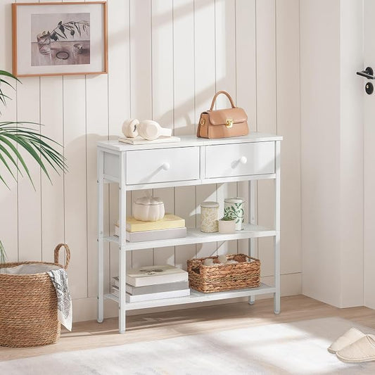 HOOBRO 29.5" Narrow Console Table with 2 Fabric Drawers, Sofa Table, Small Entryway Table with 3-Tier Storage Shelves, Behind Couch Table, for Living Room, Hallway, White WW72XG01G1