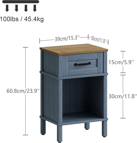 Small Farmhouse Nightstand, Wood Night Stand Set, End Table with Drawer, Small Rustic Wooden Bedside Table, Bed Side Table for Bedroom, Blue end Table with Storage for Bedroom LET512LR