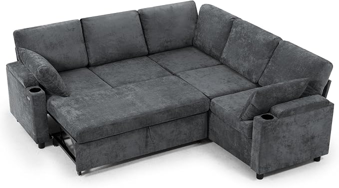 85" Chenille Sectional Sofa w/Pull Out Bed & Storage Space, Grey | Upholstery L Shaped Couch w/Cup Holders, Modern Corner Sofa w/USB Charging Port & Throw Pillow for Living Room