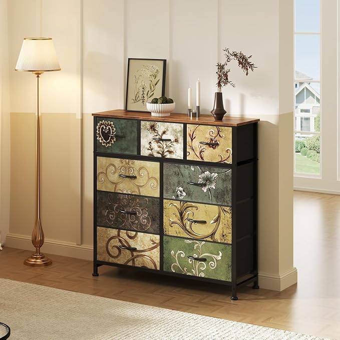 DUMOS 9 Drawer Dresser for Bedroom, Storage Organizer Chest of Drawers | Fabric Bins Storage Tower with Sturdy Metal Frame, Wood Tabletop for Closet, Vintage