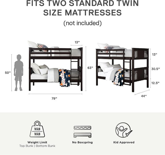 DHP Dylan Convertible Wood Bunk Bed, Stackable and Detachable Bed Frames for Kids and Teens, with Ladder, High Guardrail, Wood Slats, No Boxspring Required, Twin-Over-Twin, Espresso