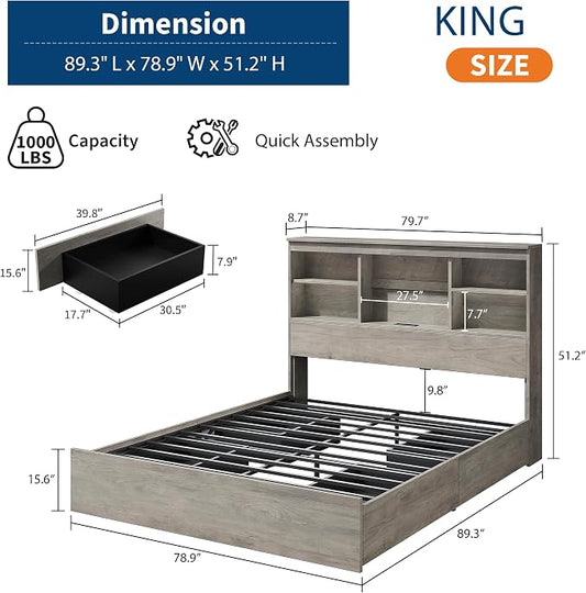 GarveeHome King Size Bed Frame with High Storage Bookcase Headboard, Wood Bed Frame with 4 Storage Drawers, Built in Charging Station, No Box Spring Needed, Metal Frame, Noise-Free, Grey