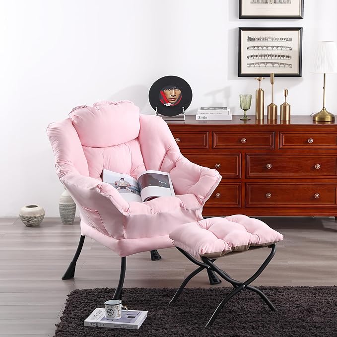 Welnow Pink Lazy Chair with Ottoman, Modern Reading Accent Chair with Armrests and a Side Pocket, Leisure Upholstered Lazy Sofa Set with Footrest for Small Space