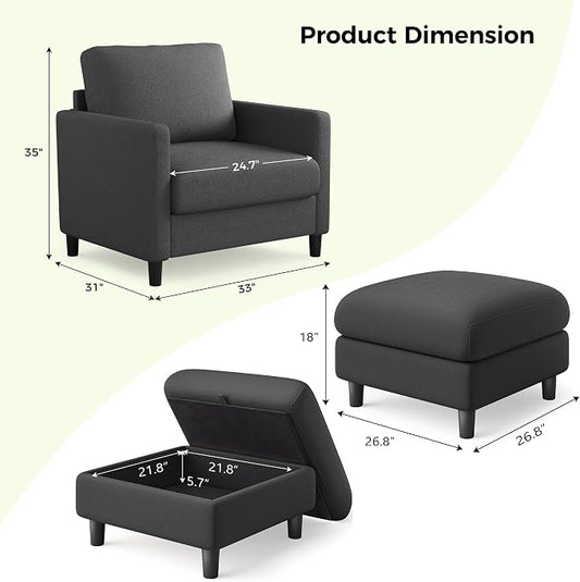 Welzona Sofa Accent Chair with Ottoman, 33" Reading Chair and Ottoman Set for Bedroom, Tool-Free Setup Living Room Accent Chairs, Comfy Arm Chairs Living Room, All-Wood Reading Nook, Grey