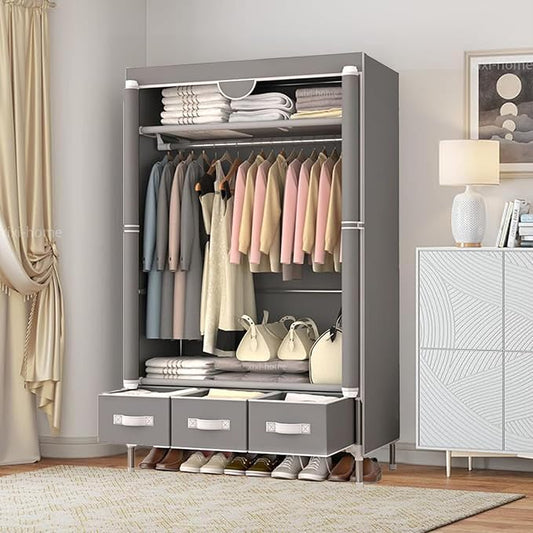 Portable Wardrobe Closet,Foldable Clothes Organizer with 3 Storage Box 35in Simple Non-Woven Fabric Wardrobe Multi-Functional Storage Cabinet with Cover and Hanging Rod-Khaki