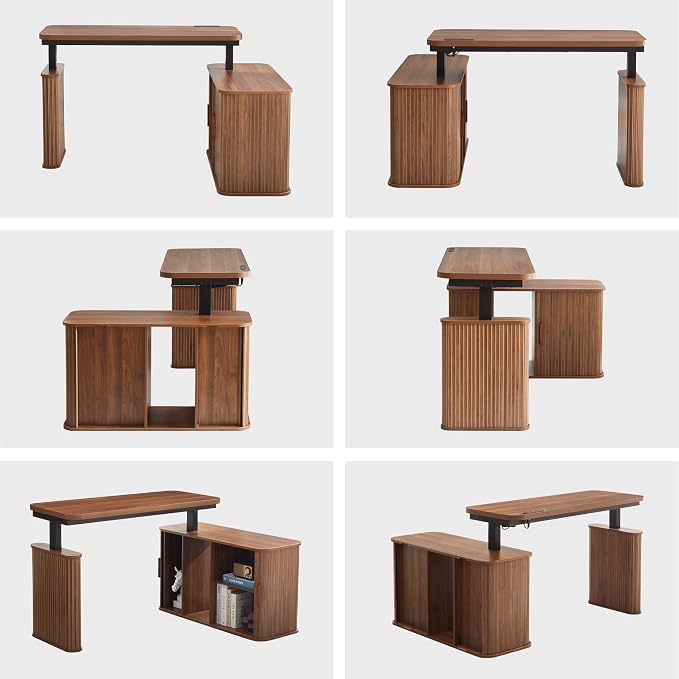 L Shaped Standing Desk with Storage, 47" Electric Desk Height Adjustable Executive Desk with Drawers, Sliding Door Wood Desk Office Sit Stand up Desk for Work, Study, Writing, Walnut