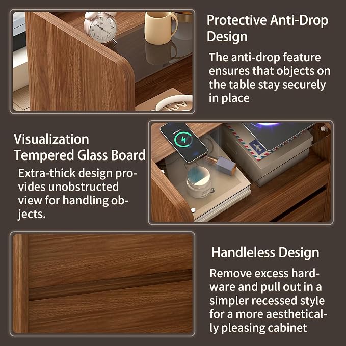 Walnut Nightstand Set of 2 with Charging Station, 20 Inch Wide Night Stand with Drawers, Modern Bedroom Bedside End Table with Round Corners & Reinforced Panel for Dorm, Sofa, Office, Living Room