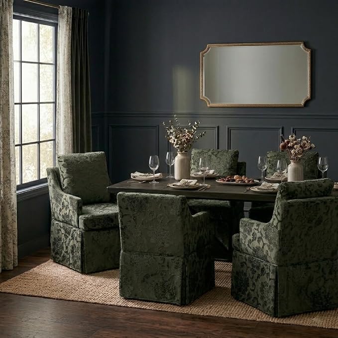 UVV Upholstered Dining Chairs, Modern Jacquard Kitchen Chair Dining Room Chair with 4 Casters, Linen Armchair for Bedroom Reading Room Living Room, Dark Green