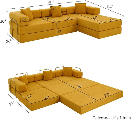 HANXIN 108" Modular Sectional Sofa,Futon Convertible Sofa Bed,Oversized Corduroy Boneless Couch for Living Room,Floor Loveseat Sleeper with Pull Out Bed,Free Combination,No Assembly Required (Yellow)