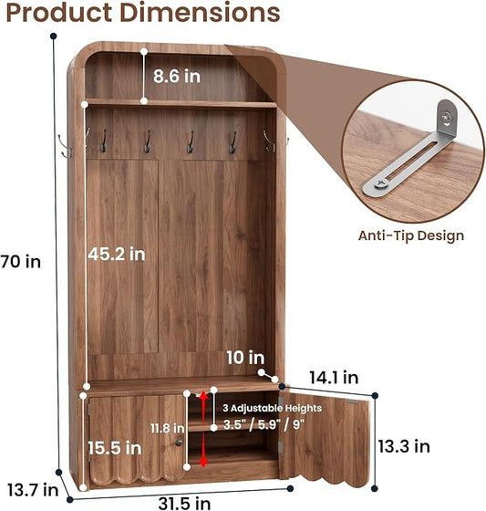 Narrow Hall Tree with Bench and Shoe Storage, Arched Entryway Coat Rack with Adjustable Shoe Cabinet,8 Hooks, Modern Rustic Mudroom Storage Organizer with Scalloped Wave Fluted Doors (Walnut)