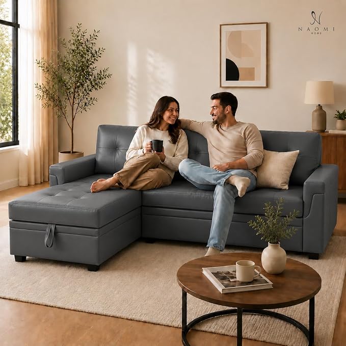 Naomi Home 84" L-Shaped Sectional Sleeper Sofa with Pull Out Bed | Sleeps Guests Comfortably, Stores Essentials in Chaise & Saves Space, Air Leather, Dark Gray Convertible Sofa Bed