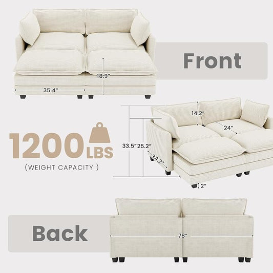 78'' Modular Sectional Cloud Couch with 2 Movable Ottoman, 4 Seat Comfy Modern Corduroy Sofa with 2 Throw Pillows, Deep Seat Sleeper Couch for Living Room Bedroom Apartment, Beige