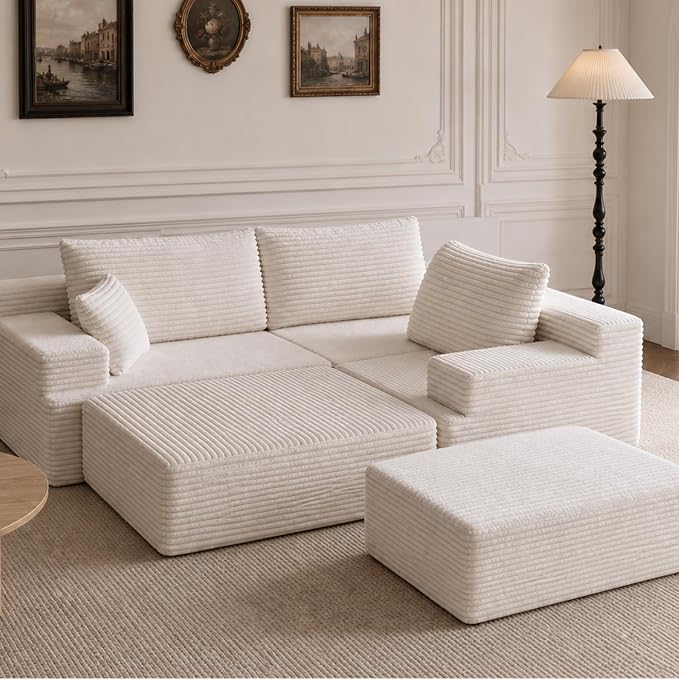 103" Modular Sectional Sofa, Comfort U Shaped Boneless Couch for Living Room, Extra Deep Seats No Assembly, Corduroy (White, 3 Seater + 2 Ottomans)