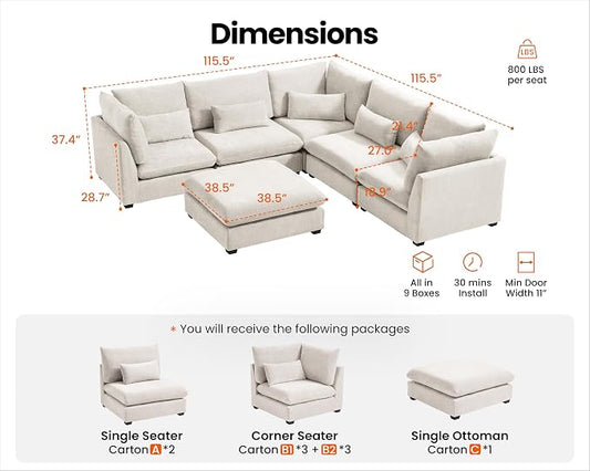 115" Oversized Chenille Couch Modular Sectional Sofa, Washable Cloud Couch Sectional with Ottoman, 6 Seater Sectional Couches for Living Room, Fully Cover Removable, V Shaped & Corner, Chenille, White