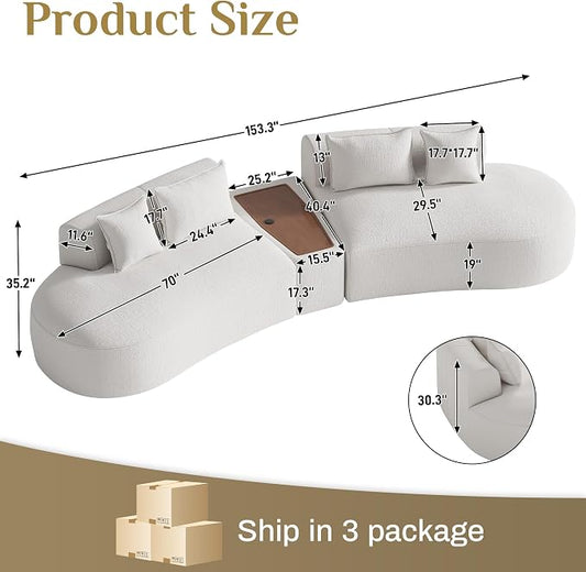 153.3" Oversized Curved Sectional Sofa, Luxury Chenille Cloud Couch for Living Room, Large Modern Modular Deep Seat Sofa with Movable Coffee Table & USB, No Assembly Needed, Beige White