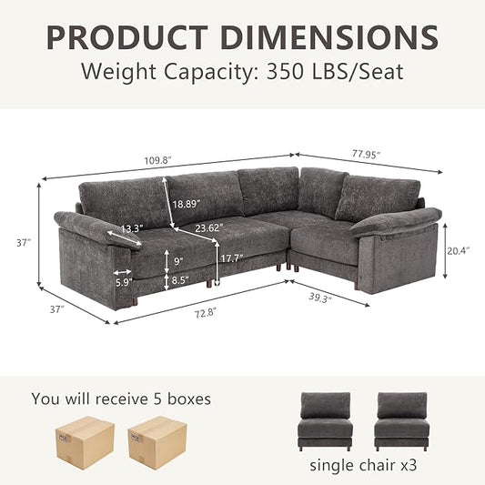 Oversized Modular Cloud Couch with Removable Washable Cover, L -Shaped Sectional for Large Living Room, Plush Chenille & Deep Seat(Grey)