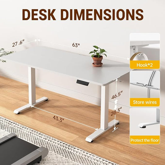 Veken 63x27.6 Inch Large Electric Standing Desk, Heights Adjustable,Sit to Stand Up, Work Home Office Computer Table for Walking Pad, Gifts for Dad, Wooden Desktop Desks, White