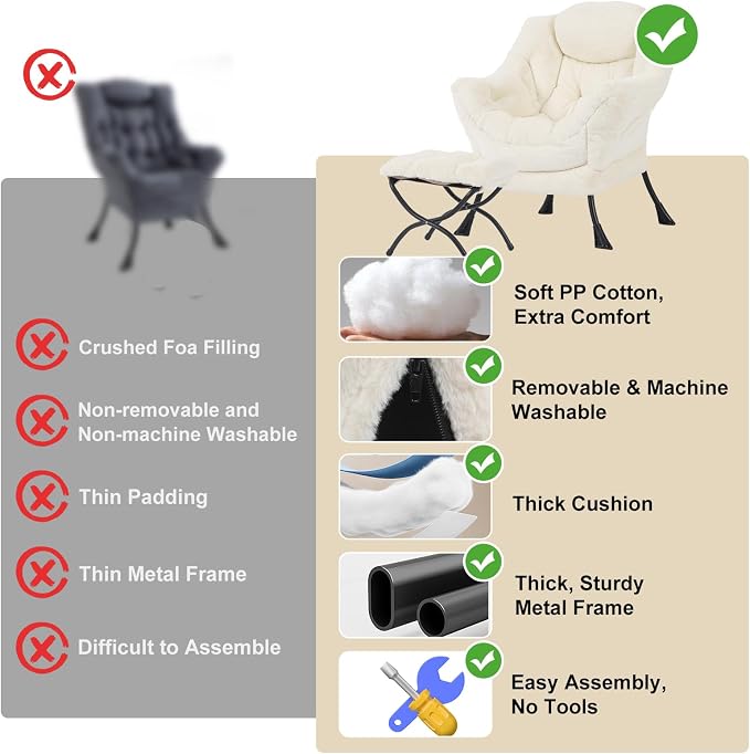 Furlide Lazy Chair with Ottoman, Modern Accent Chair with Armrests and a Side Pocket, Plush Beige Accent Chairs, Reading Chairs, Oversized Armchairs for Bedroom, Study, Living Room, Courtyard