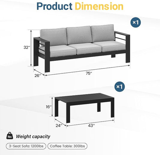 Wisteria Lane Metal Patio Furniture Set for All Weather, Oversized Heavy Duty Outdoor Furniture Set with Upgraded Cushion, Modern Outdoor Patio Couch Set for Garden, Balcony, Backyard, Light Grey