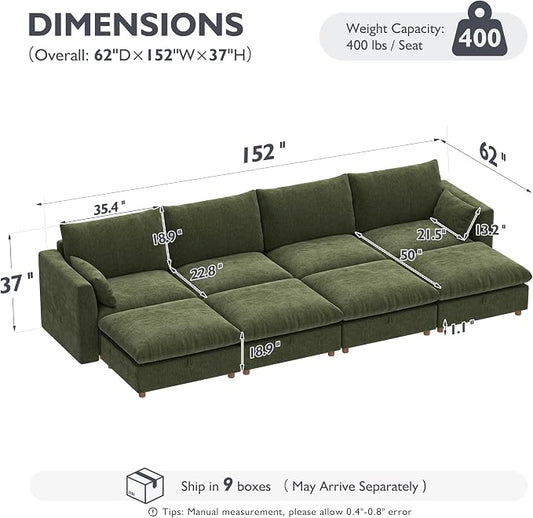 Ihanherry 152" Oversized Modular Sectional Sofa, Modern Cloud Couch with 4 Storage Ottoman, 8-Seat Comfy Chenille Deep Seat Sofa with 2 Pillows for Living Room, Green