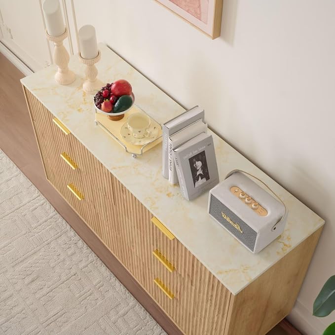 Fluted 6 Drawers Dresser for Bedroom with Faux Marble Top, 56" Wide Chest of Drawers Closet Clothes Storage Organizer, Modern TV Stand Dressers for Living Room, Hallway, Natural Oak