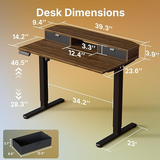 HUANUO 40" X 24" Electric Standing Desk with 2 Drawers, C-Clamp Mount Compatible, Height Adjustable Computer Desk, Home Office Stand Up Desk with 4 Preset Heights & 2 Hooks, Walnut