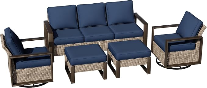 Outdoor Patio Swivel Rocker Chairs, 5 Pieces Wicker Furniture Set, 2 Swivel Rocking Chairs, 1 Sofa and 2 Ottoman, Metal Wide Armrest, Thick Cushions and Deep Seating for Garden, Backyard, Porch, Deck