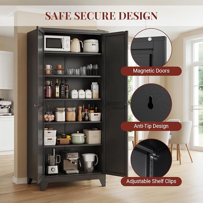 75" Metal Kitchen Pantry Cabinet with Dual Handles & Adjustable Legs, Freestanding Storage Cabinet with Doors and 5 Adjustable Shelves, Tall Food Pantry for Kitchen Dining Room, Black