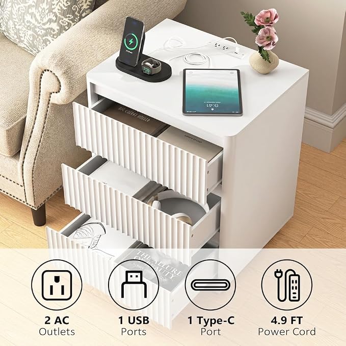 5 Pieces Queen Bedroom Set, PU Fabric Metal Bed Frame with Charge Port& LED, 6 Tier Rotating Bookshelf, Vanity Table with Sliding Light Mirror& Hair Dryer Holder, 2 Nightstands with Charge