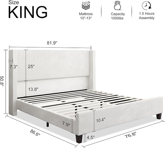HOWE King Size Bed Frame with 50.8 Inch Corduroy Wingback Headboard, White | Modern Upholstered Platform Bed, 50.8 Inch Tall Profile, Solid Wood Slats, No Box Spring Needed, Noise-Reducing Designrt