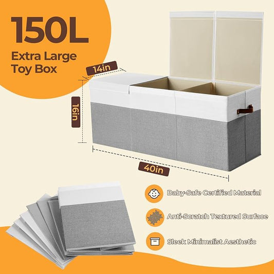 Extra Large Toy Box,150L Foldable Sturdy Toy Storage with Lid, 40"x14"x16" Kids Storage Organizer, Toy Chest for Boys&Girls,for Nursery,Bedroom,Playroom,Living Room,Large Capacity Toybox(Grey)