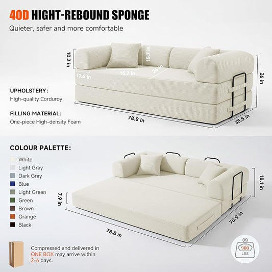 79" Convertible Sleeper Sofa Bed, Corduroy Boneless Fold-Out Couch in a Box, 4-in-1 Loveseat/Futon Couch, High-Density Foam, No Assembly, Side Pockets, 2 Pillows for Small Spaces, White