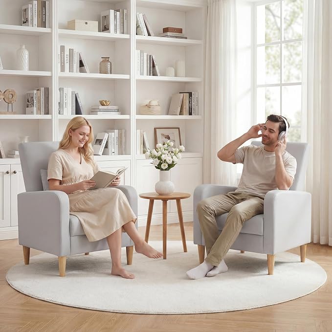 COLAMY Mid-Century Modern Upholstered Accent Chair with Back Pillow & Solid Wood Legs, Leather Cozy Armchair for Living Room, Bedroom, Reading Nook, Apartment & Small Spaces, Lightgrey