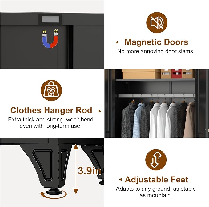 UNICOLY 86.6" Amoire Wardrobe Closet, 71" Wardrobe Cabinet with 15.74" Cabinet, Metal Closets with Hanging Rod for Bedroom School, Employee, Gym, Armarios De Ropa para Domitorio, Black