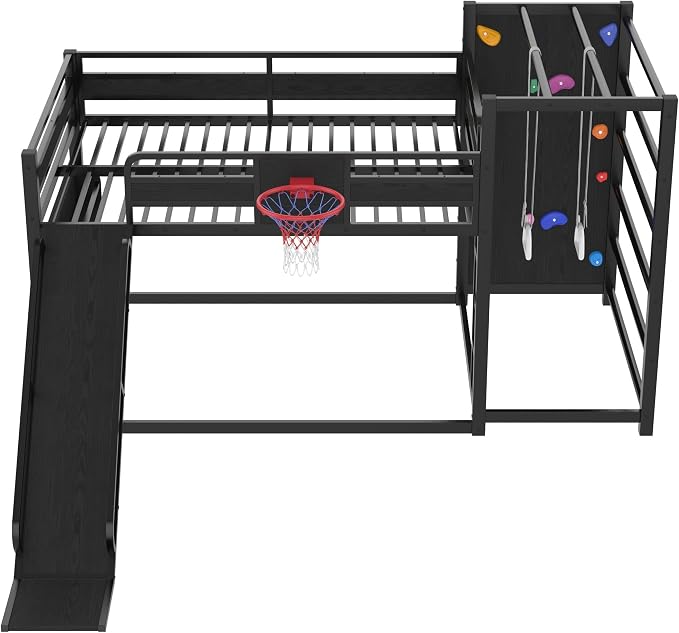 Harper & Bright Designs Floor Bunk Bed with Built-in Bookshelves and Basketball Hoop, Full Over Full Metal Bunk Bed with Slide, Climbing Wall, Pull-Up Rings for Sports Enthusiasts, Black